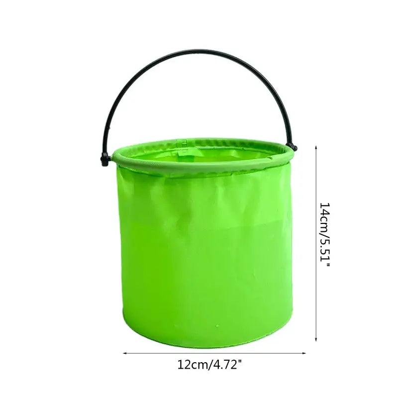 a green bucket with a handle and handle