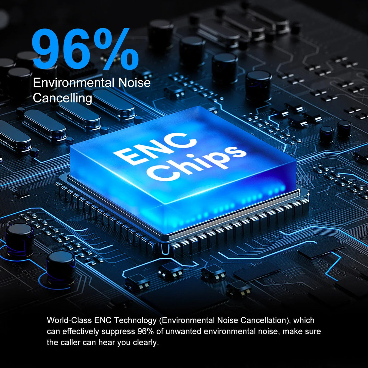 Glowing blue computer chip labeled ’ENC Chips’ on a circuit board.