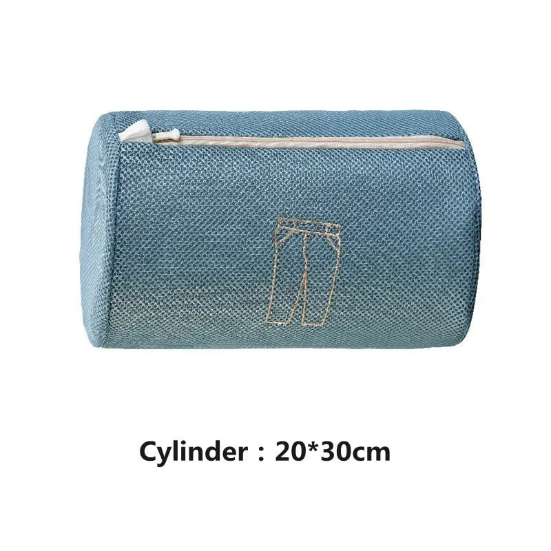 a blue cosmetic bag with a white zipper