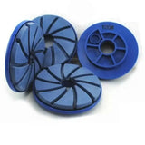 a set of blue plastic wheels
