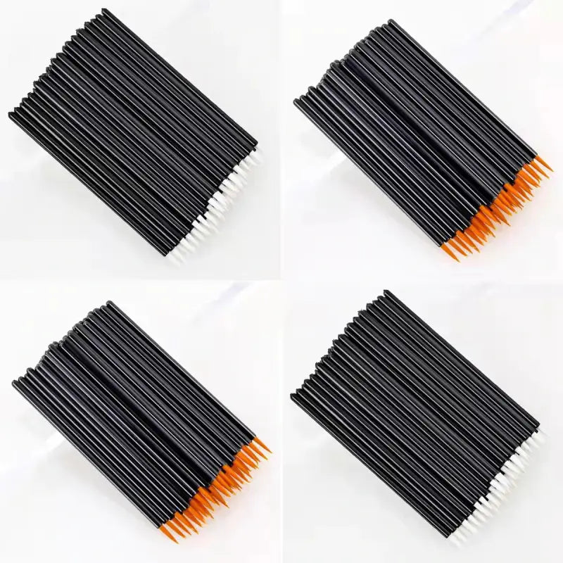 four different views of a set of black and orange pencils