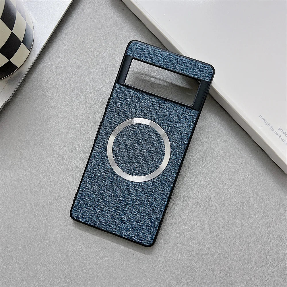 Blue fabric-covered smartphone case with a circular cutout and a rectangular window.