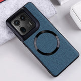 Blue fabric-textured phone case with a black camera module cutout and a circular magnetic ring.