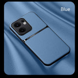 Blue faux leather phone case with dual camera cutouts.