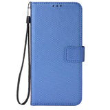 Blue faux leather wallet phone case with a wrist strap and magnetic clasp.