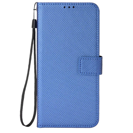 Blue faux leather wallet phone case with a wrist strap and magnetic clasp.