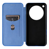 Blue flip phone case with card slots and a circular camera cutout.
