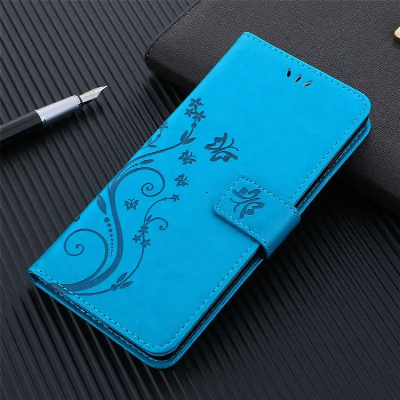 blue flower pattern leather wallet case for samsung s9