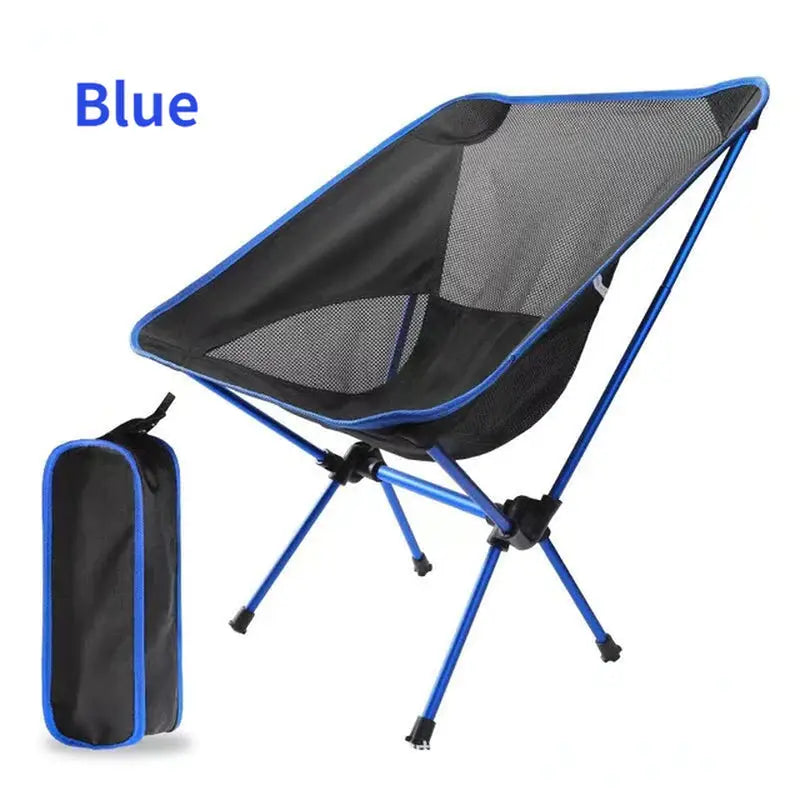blue portable folding chair with carry bag