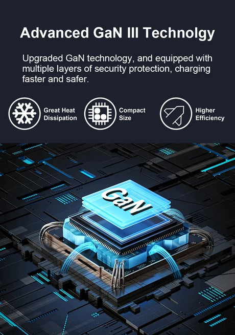 Glowing blue GaN (Gallium Nitride) chip or processor with visible circuitry and cooling elements.