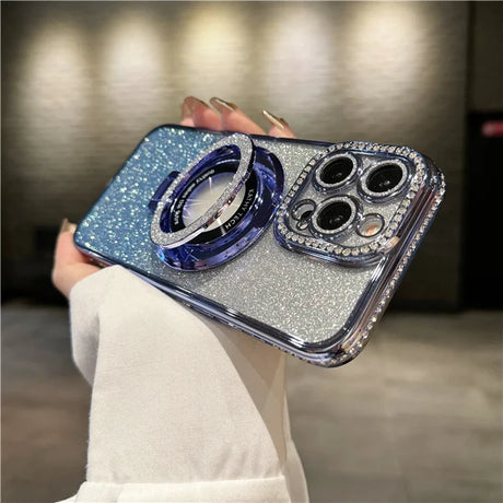 someone holding a blue glitter case with a camera on it