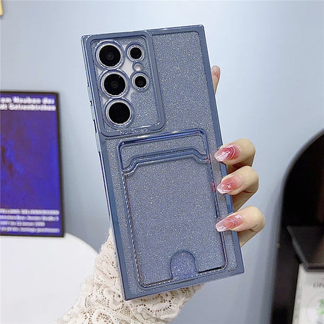 Blue glitter phone case with a camera protector and built-in card holder.