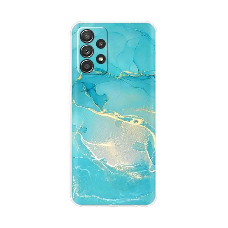 the back of a blue and gold marble phone case