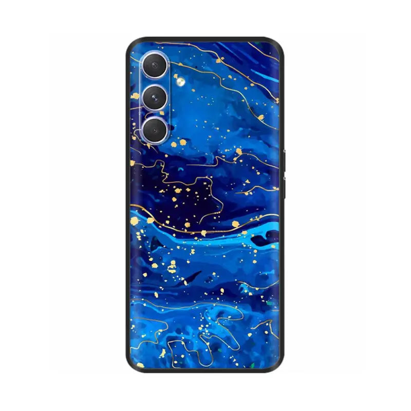 a blue and gold marble phone case with a black background