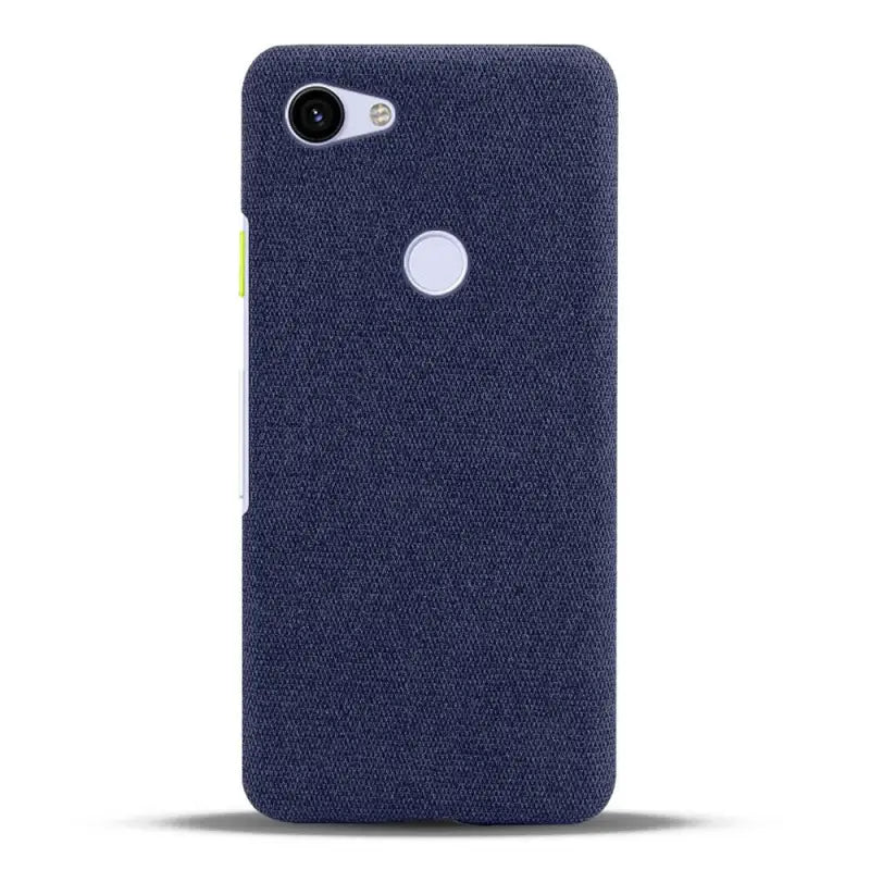 the back of a blue denim case with a white button