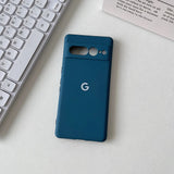 Blue Google Pixel smartphone case with a ’G’ logo and camera cutouts.