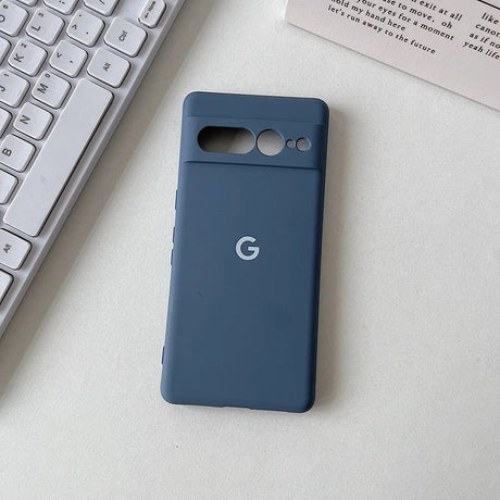 Blue Google Pixel smartphone case with camera cutouts and a ’G’ logo.