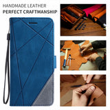 Blue and gray leather wallet case with geometric stitching pattern.