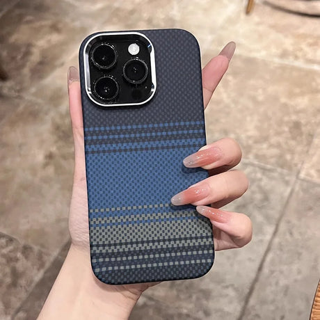 Blue and gray striped textured phone case with a camera cutout.