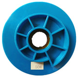 a blue plastic wheel with a hole in the center