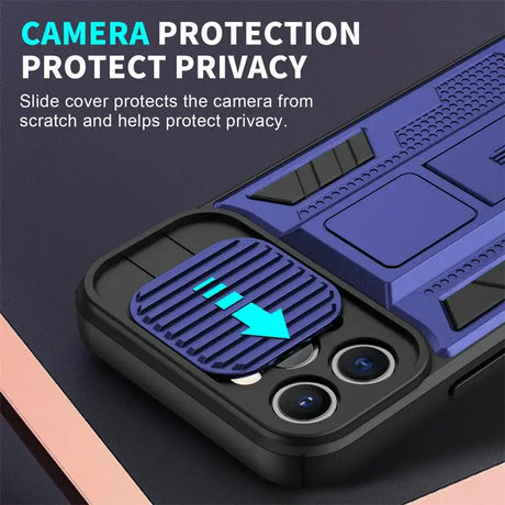 A blue iphone case with a camera and a camera lens