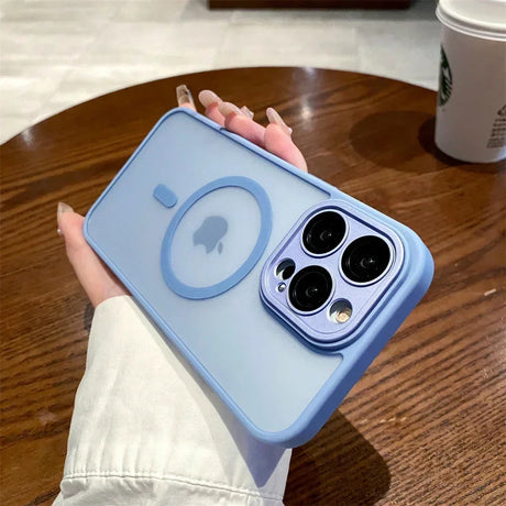 Blue iPhone case with camera protection.