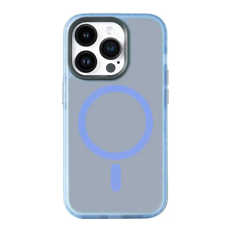 The back of a blue iphone case with a blue circle on it