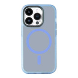 the back of a blue iphone case with a blue circle on it