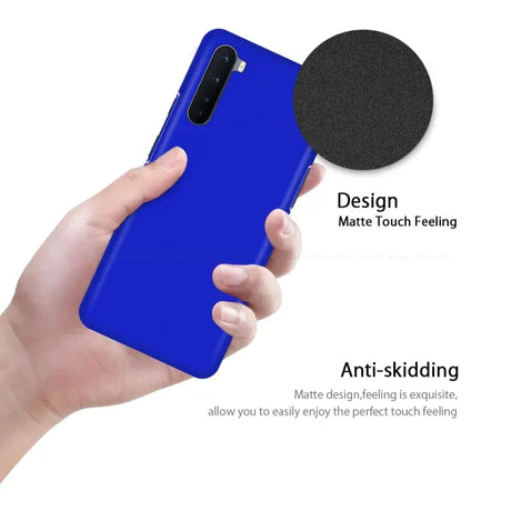 The back of a blue iphone case with a hand holding it