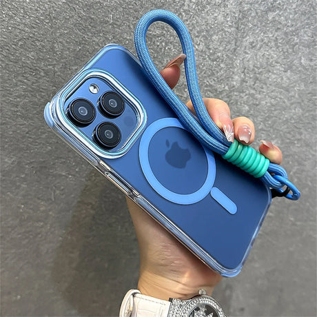 Blue iPhone case with lanyard.