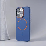 Blue iPhone case with orange MagSafe ring.