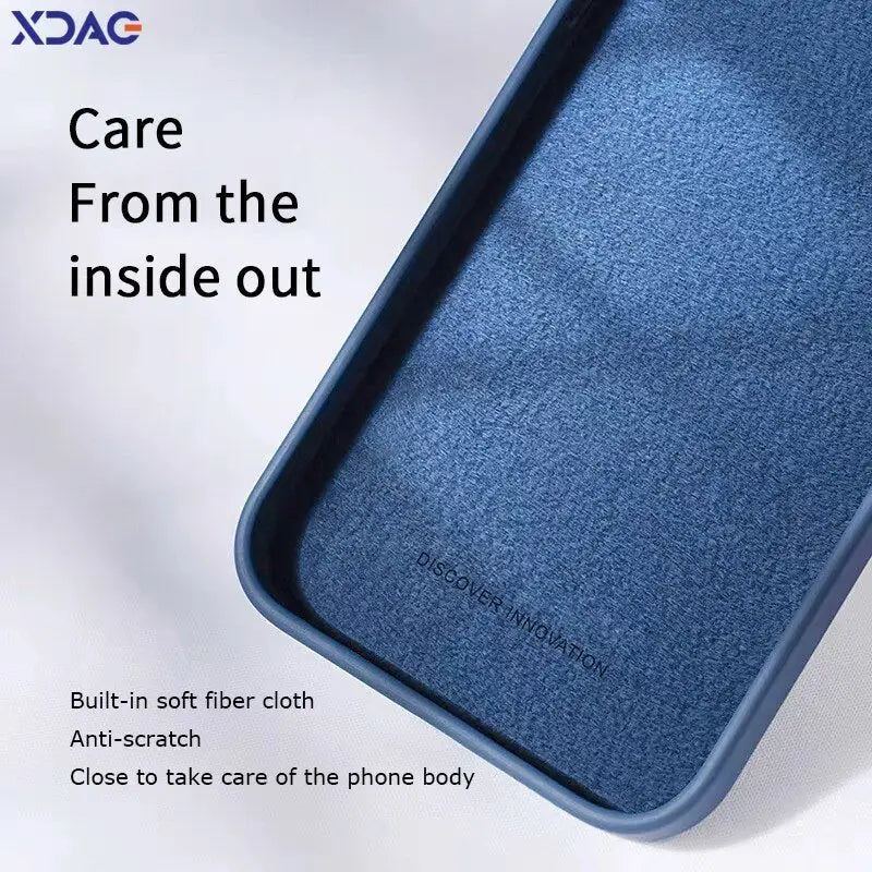 the back of a blue iphone case with text that says care from the inside out