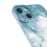 the back of a blue iphone case with water droplets