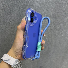 Blue iPhone in clear case with blue wrist strap.