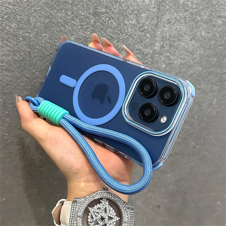 Blue iPhone in clear case with wrist strap.