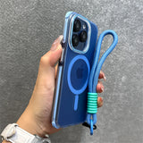 Blue iPhone in clear case with wrist strap.