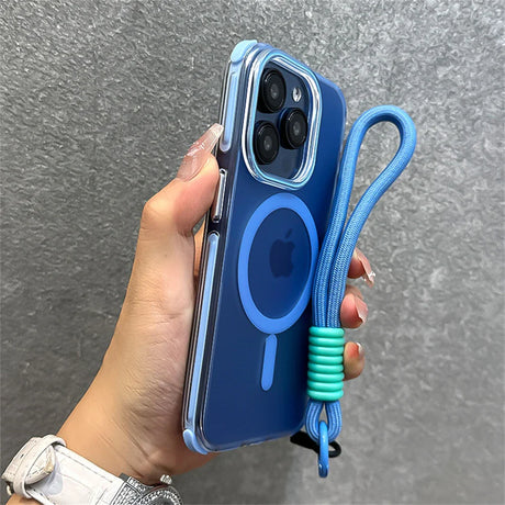 Blue iPhone in clear case with wrist strap.