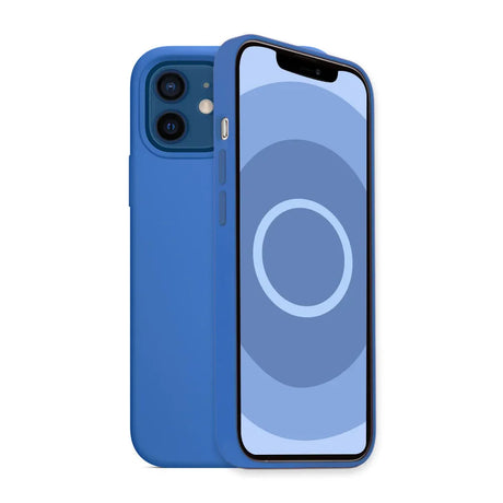 Blue iPhone with dual rear cameras and a notched display.