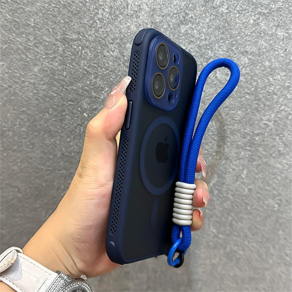 Blue iPhone in protective case with wrist strap.