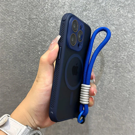 Blue iPhone in protective case with wrist strap.