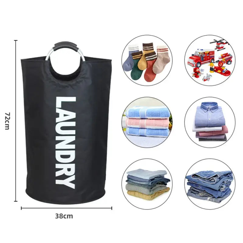 a black laundry bag with various items and a white background