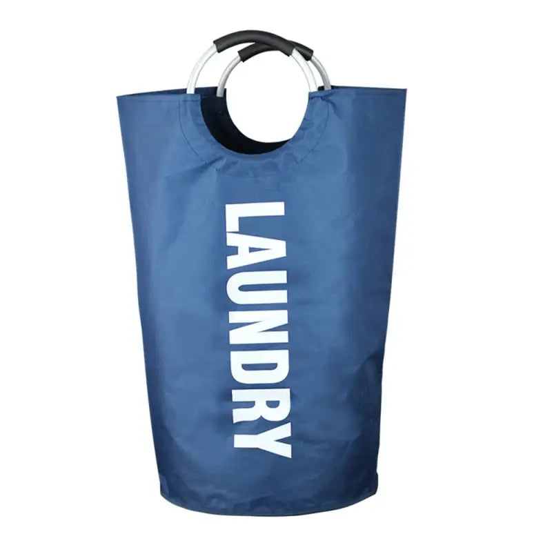 a blue laundry bag with the word laundry on it
