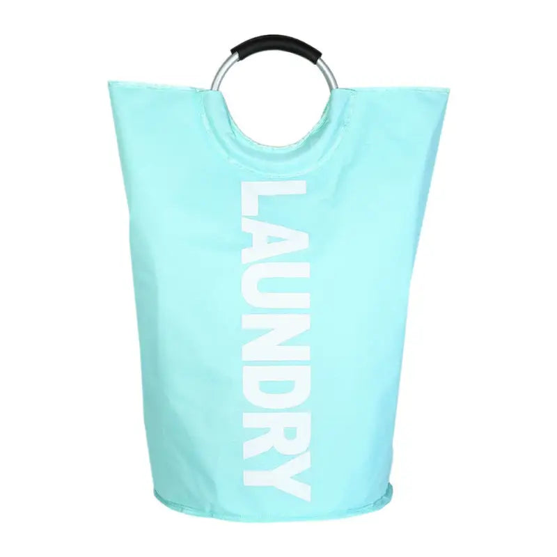 a blue laundry bag with the word laundry on it