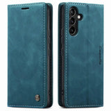 the back and front of the blue leather case