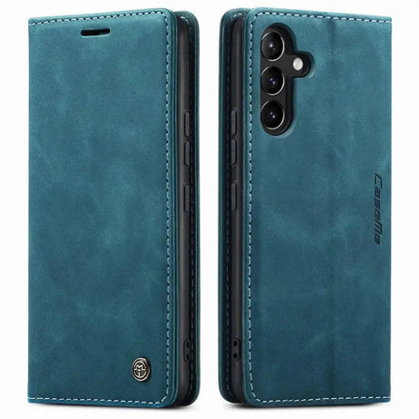 The back and front of the blue leather case