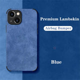 the blue iphone case is shown with the text,’premium leather ’