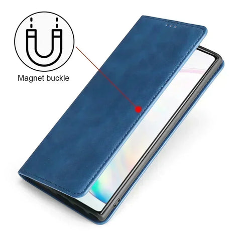 Blue leather flip case for a smartphone with a magnetic closure.