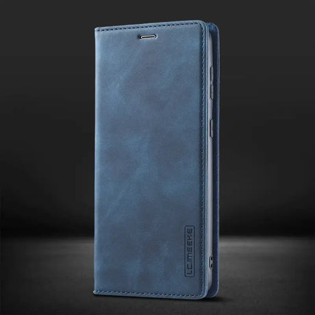 The back of a blue leather iphone case