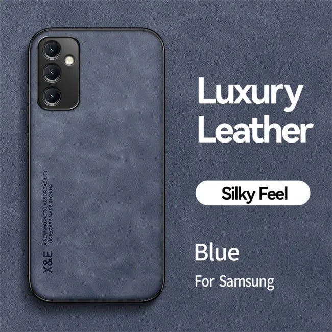 the back of a blue leather iphone case with the text, ` sky blue for samsung