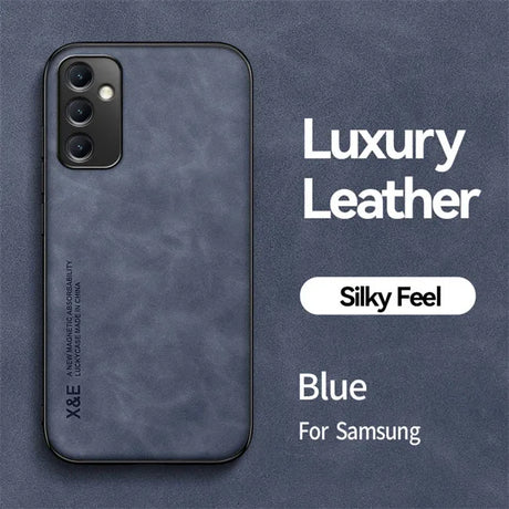 the back of a blue leather iphone case with the text, ` sky blue for samsung